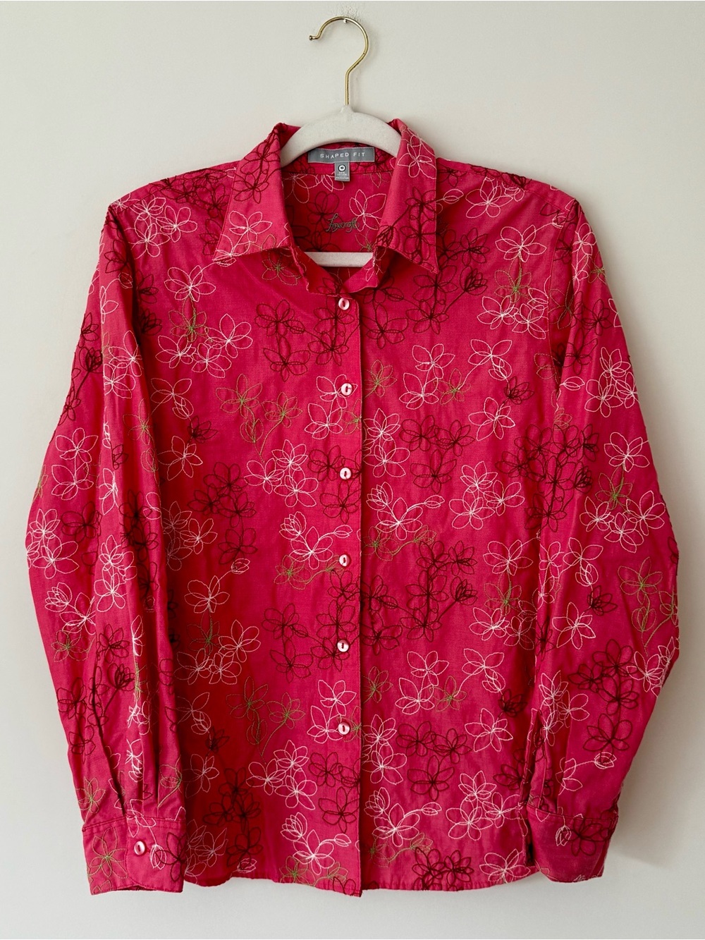 Foxcroft Shaped Fit Floral Embroidered Long Sleeve Button Down Shirt, Pink – 10